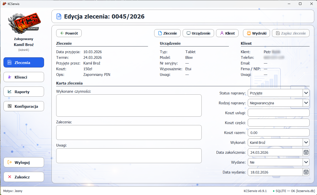 Widok zlecenia w programie KCSerwis